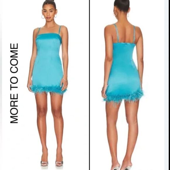 NWT More To Come Revolve Turquoise Feathers Mini Dress Large - Picture 13 of 13